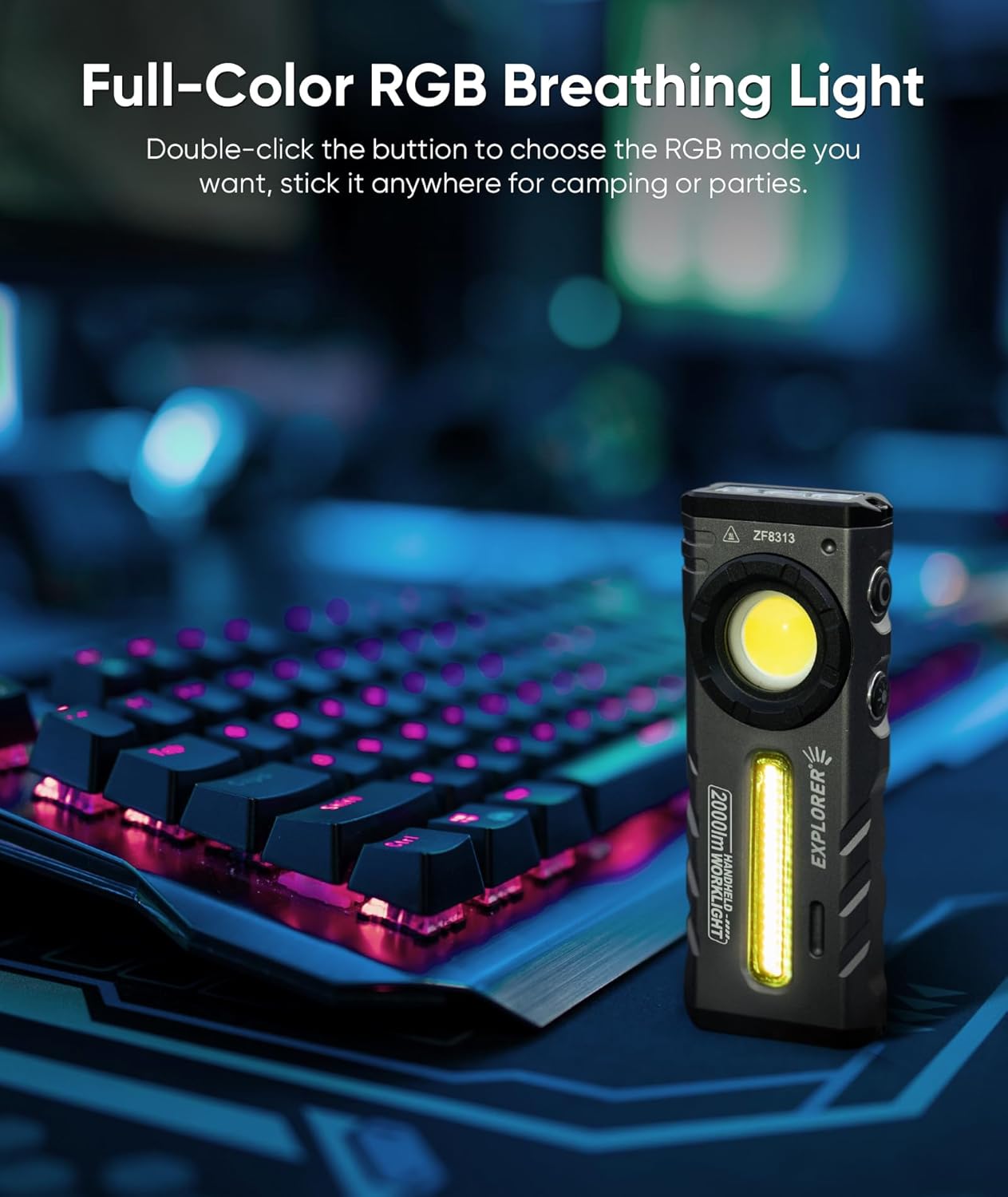 ZF8313 Rechargeable Flashlight, Magnetic EDC Flashlight Rechargeable, 2000 Lumens LED Flashlight with RGB and UV Lighting Source for Outdoor, Car Repairing