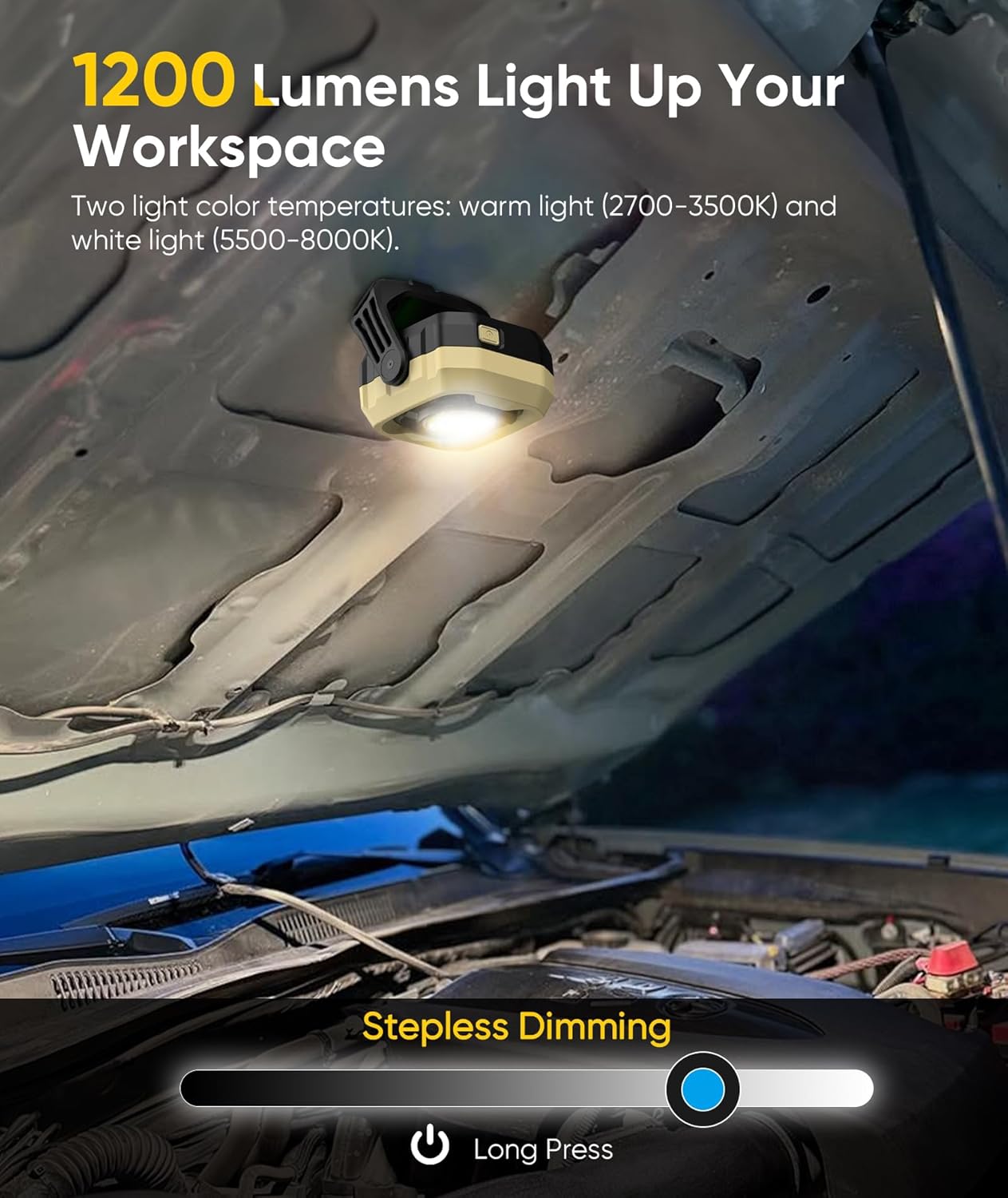 Rechargeable Work Light, 1200LM Magnetic Light with IPX4 Waterproof, 4000mAh Battery Led Work Light, Mechanic Light for Car Repair, Camping, Emergency